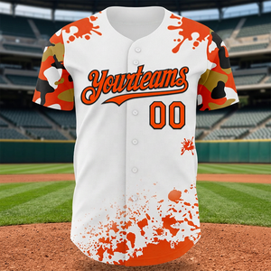 Maillot de baseball personnalisé Yourteams blanc et orange avec imprimé camouflage 3D, manches courtes, boutons sur le devant, respirant, en polyester, unisexe, adulte - Product Image 1