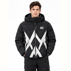 Chaqueta de Invierno Acolchada para Hombre con Capucha, Diseño Geométrico en Blanco y Negro, Resistente al Viento, Cuello Alto, Cierre de Cremallera, Estilo Deportivo - Product Image 4
