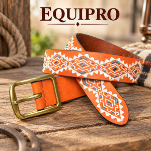 Equipro Ethnic Embroidered Cow Hide <b>Belt</b> Striped Pattern Alloy Square Buckle Bohemian Style Orange Leather <b>Belt</b> Heavy Duty <b>Belt</b> - Product Image 2