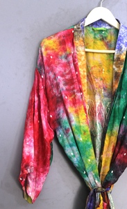 Robe kimono en mousseline tie-dye, longueur genou, coupe ample, col bateau, fermeture à cordon, tenue d'été pour adultes, 100% soie douce - Product Image 3