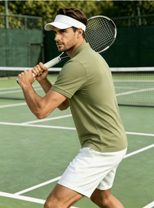 Conjunto Deportivo para Hombre, Camiseta Verde Oliva con Cuello en V, Transpirable y que Absorbe la Humedad, Pantalones Cortos con Cintura Elástica Blanca, Ropa Casual de Verano - Product Image 6