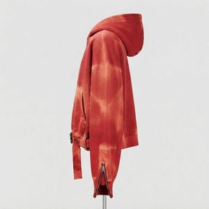 Oversized Cropped <b>Hoodie</b> <b>Red</b> Dip Dye Fleece Unisex Autumn Sweatshirt With Belt And Pocket - Product Image 5