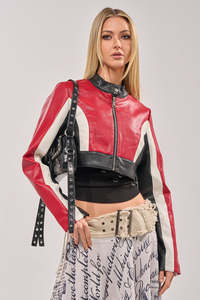 Chaqueta Corta de Moto para Mujer, de Cuero PU Revestido, Cortavientos, Manga Larga, Cuello Alto, Bloques de Color, Cierre de Cremallera, Ropa de Invierno, Piel Sintética - Product Image 2