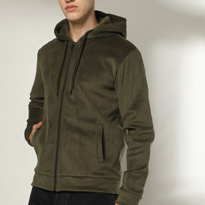 Custom Men’s Olive Green Textured Full Zip Hoodie with Drawstring Hood and Side Pockets Casual Sweatshirt - Product Image 1