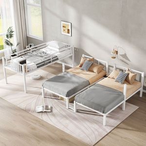 Letto a Castello Triplo in Metallo Bianco con Letto Singolo XL Sopra e Letti Singoli per Bambini con Caratteristiche Twin Over Twin - Product Image 3
