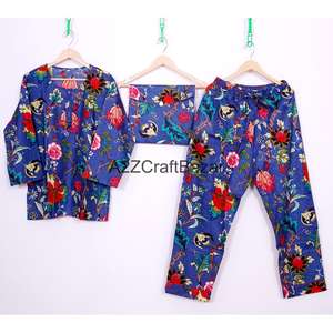 Pijamas de Algodón con Estampado Floral para Mujer, Otoño, Manga Tres Cuartos, Cintura Elástica, Largo Completo, Casual, Transpirable - Product Image 1