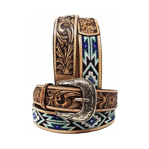 Ceinture de luxe de style western faite à la main de 1,5 pouces en cuir de vache d'Argentine, ceinture western perlée, design floral gravé à la main, ceintures western - Product Image 1