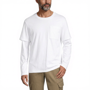 T-shirt en coton blanc à manches longues pour homme, col rond, coupe classique, couleur unie, jersey tricoté, design uni - Product Image 3