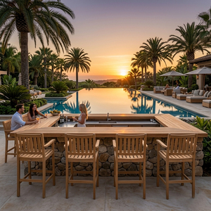 Silla de Barra de Acero con Base de Listones y Asiento Acolchado de Teca Sólida de Primera Calidad, Estilo Moderno, Calidad de Exportación, para Exteriores, Hoteles, Resorts y Jardines - Product Image 4