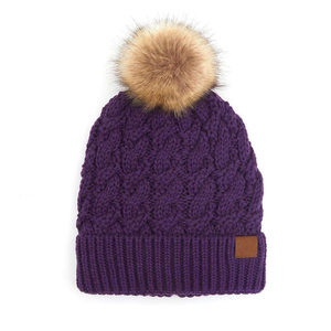 Gorro de punto unisex con pompón de piel sintética, gorro de invierno de color sólido para uso casual al aire libre, adultos, 56-58 cm - Product Image 2