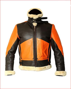Veste de moto en cuir véritable pour homme, couleur noire et orange, avec doublure en fausse fourrure, coupe-vent, manteau d'hiver pour motard - Product Image 1