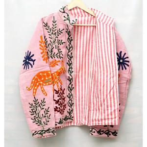 Veste rose à motif animalier brodé, col mandarin, manches longues, broderie à la main, coton, manteau de printemps pour femme - Product Image 3
