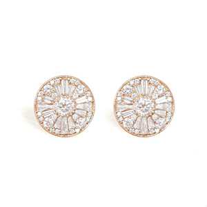 Art Deco Stud Earrings 14k 18k Solid Gold Round Baguette Cut Lab Grown Diamond Luxury Classic Everyday Cluster <b>Push</b> Back Jewelry - Product Image 3