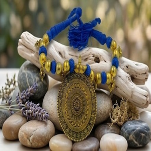 DIVYORO Women's Ethnic Blue Bead and Antique Gold Medallion <b>Long</b> Adjustable Length Wedding <b>Necklace</b> - Product Image 3