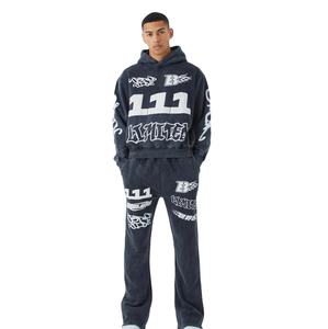 Écusson de broderie personnalisé pour hommes en détresse Ensemble de survêtement Streetwear Sweat à capuche délavé à l'acide et pantalon de survêtement - Product Image 1
