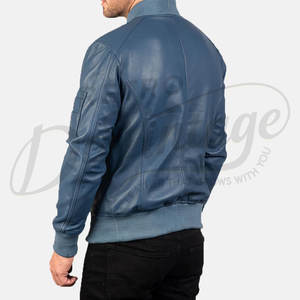 Blouson aviateur en cuir véritable bleu acier pour homme, coupe ajustée, style MA-1, avec poche utilitaire sur la manche et bordure côtelée - Product Image 2