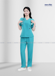 Conjunto de Uniforme Médico para Mujer, Color Verde Menta, Cuello en V, Manga Corta, Pantalones Incluidos, Tejido de Poliéster, Rayón y Spandex - Product Image 2