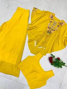 Embroidered <b>Indian</b> Pakistani Set Kaftan <b>Top</b> and Palazzo Pants Floral Neckline Festive Ethnic Outfit for Women - Product Image 3