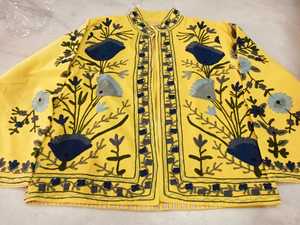 Abrigo de punto floral Suzani amarillo bordado de algodón de secado rápido para mujer, talla grande, sin costuras, con cuello alto, informal, para otoño e invierno - Product Image 1