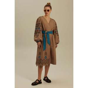 Kurti Largo Bohemio para Mujer, Color Marrón, Bordado, de Lino, Ecológico, Lavable, con Cinturón, de Manga Larga, al por Mayor - Product Image 3