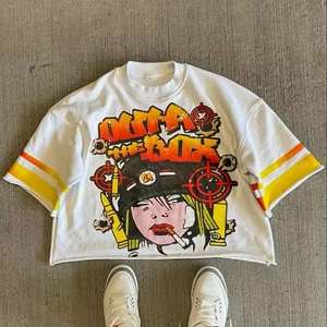 T-shirt court col en V 100 % coton respirant imprimé personnalisé de haute qualité pour homme, style rétro américain uni pour l'été - Product Image 3