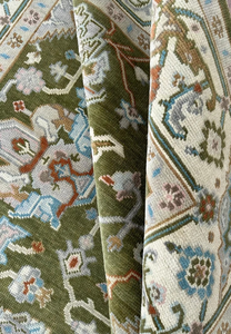 Alfombra Persa Oushak de Lana Anudada a Mano |   Alfombra Moderna de una Pieza, Color Verde Oliva y Beige, con Diseño Floral, Hecha a Mano, Antideslizante, Apta para Mascotas - Product Image 5