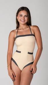 <b>Vintage</b> Contrast Trim Halter One Piece <b>Swimsuit</b> Women Sexy Retro Bathing Suit with Pockets Private Label Sustainable Swimwear - Product Image 1