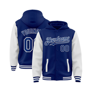 Custom White Royal Blue Varsity Hoodie <b>Jacket</b> <b>Men</b> Women Oversized Streetwear Letterman Bomber Chenille Patch Heavyweight OEM - Product Image 1