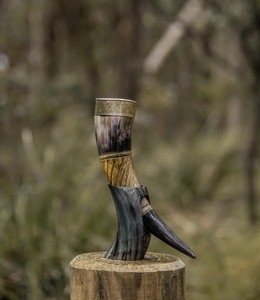 Handcrafted Viking <b>Drinking</b> Horn With Wooden <b>Stand</b> for Medieval Parties Weddings Cosplay Gatherings and Rustic Home Decor - Product Image 1