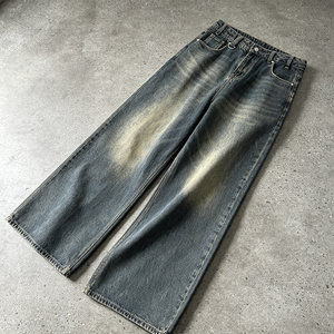 Jean cargo taille haute en denim brut délavé bleu, coupe droite, service OEM et ODM, streetwear, broderie unie - Product Image 6