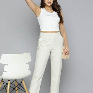 Women's White Knitted Scoop Neck Tank <b>Top</b> Solid Color Casual Crop <b>Top</b> Breathable Front Logo Design - Product Image 3