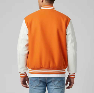<b>Men</b> Orange <b>White</b> Varsity <b>Jacket</b> Cotton Polyester Casual Winter Stand Collar Regular Sleeve Solid Color Button Closure Breathable - Product Image 2