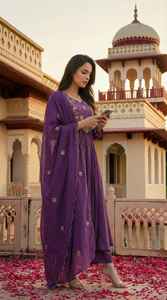 Ensemble Kurta de style ethnique décontracté en soie Chanderi avec broderie florale, coupe régulière, longueur standard, idéal pour les fêtes, séchage rapide - Product Image 6