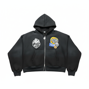Sweat à capuche zippé surdimensionné personnalisé, effet délavé, streetwear épais, avec patch brodé graphique, en molleton de coton, style Y2K - Product Image 1