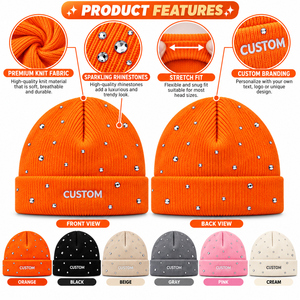 OEM Fashion Winter Warm Unisex Men <b>Ladies</b> Acrylic Knit Rhinestone <b>Hat</b> <b>Beanies</b> With Custom logo Embroidery - Product Image 4