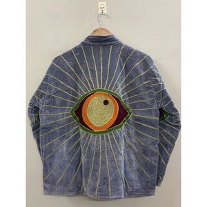 Veste en velours de coton Suzani brodée à la main pour femme, col mandarin, manches longues, automne-hiver, motif œil bohème, ouverte sur le devant - Product Image 3