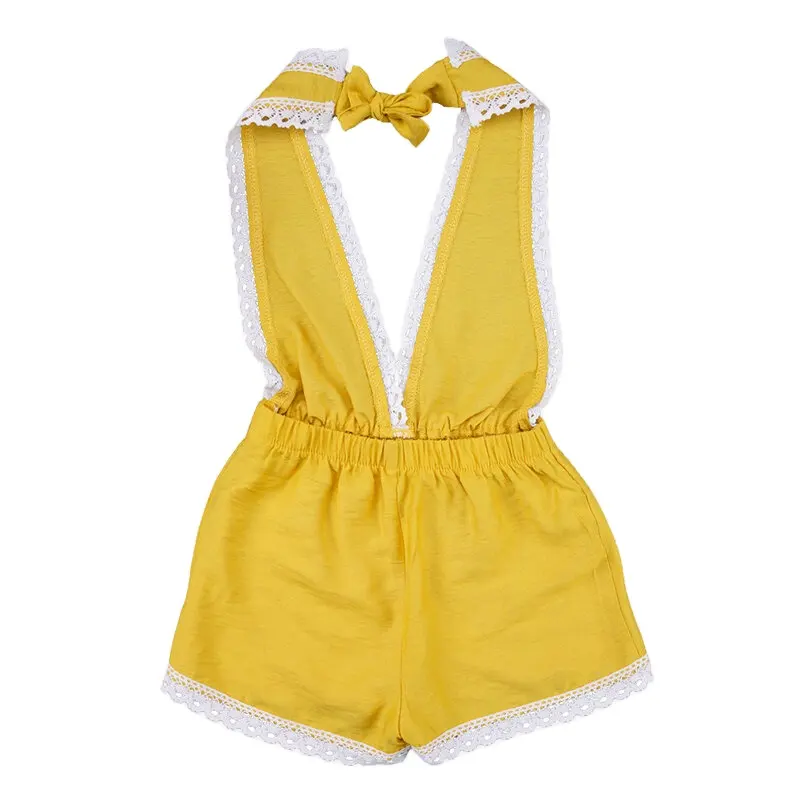 Best selling fashion Boys and Girl's Lace Spliced Lace-up Bowknot Casual Jumpsuit for Girls Clothing Set