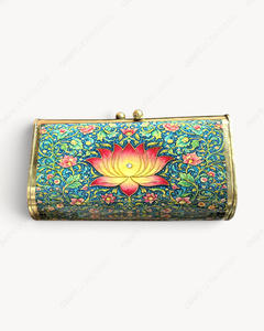 Handcrafted Blue Lotus Flower <b>Clutch</b> Bag <b>Gold</b> Tone Frame Floral Pattern Minaudiere Evening <b>Purse</b> Women Wholesale Supplier - Product Image 1