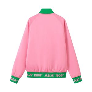 AKA <b>Pink</b> Satin Bomber <b>Jacket</b> Green Trim Unisex Varsity Style Embroidered Letters Ribbon Lining Casual Fashion Outerwear - Product Image 3