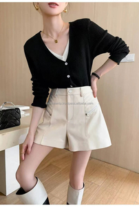 Short en cuir taille haute coupe trapèze pour femme, couleur unie, fermeture éclair avant, style décontracté, blanc - Product Image 4