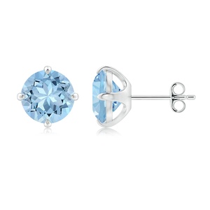 Natural Round Aquamarine Stud <b>Earrings</b> 14kt Yellow Gold Solitaire Four Prong <b>Fine</b> Jewelry for Women OEM ODM Wholesale - Product Image 1