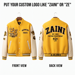 เสื้อแจ็คเก็ตวาร์ซิตี้ ZAINI 380 GSM ผ้าฝ้ายโพลีเอสเตอร์พรีเมียมเนื้อนุ่ม กันลม คอตั้ง สีเหลือง สำหรับตกแต่งด้วยผ้าเชนิลล์แบบกำหนดเอง - Product Image 1