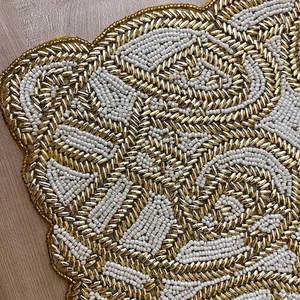 Set of 6, Handmade <b>beaded</b> <b>placemat</b>, white with gold, bead charger, 14 inch - Product Image 3