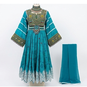Women Salwar Kameez Floor Length Embroidered Dress Polyester Loose Fit Wedding Wear <b>Blue</b> Green Patterned Afghan kuchi Dress - Product Image 4