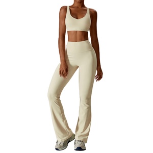 Ensemble de yoga 2 pièces pour femme 2025, motif écossais, taille élastique, soutien-gorge de sport et leggings évasés, léger, séchage rapide, respirant - Product Image 3