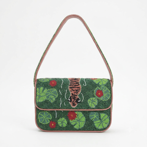 Sac à bandoulière perlé fait main motif feuille de lotus tigrée pour femme, pochette de soirée à rabat style jungle, sac sous le bras fantaisie - Product Image 1