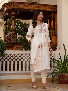 Conjunto de kurta de corte recto con bordado blanco para mujer, con pantalón y dupatta - Product Image 5