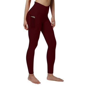 High Waist Ribbed Yoga <b>Leggings</b> With Pockets Full Length Solid Color Spandex <b>Nylon</b> Seamless Four-Way Stretch Pants - Product Image 1