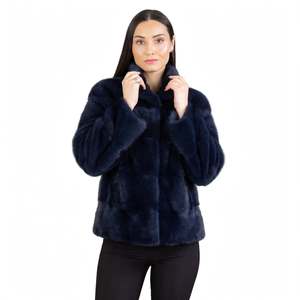 Whiteaura International Women's Navy Blue Faux Fur Jacket Stand Collar Full Sleeve Breathable Vintage Short Length Winter Coat - Product Image 1