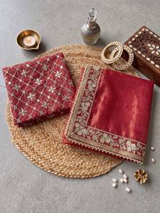 <b>Red</b> Embroidered <b>Saree</b> with Net Dupatta Floral Border Wedding Party Indian Pakistani Outfit for Women - Product Image 4